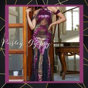 MULTICOLOR PLANTS PATTERN SEQUINED HALTER MERMAID GOWN